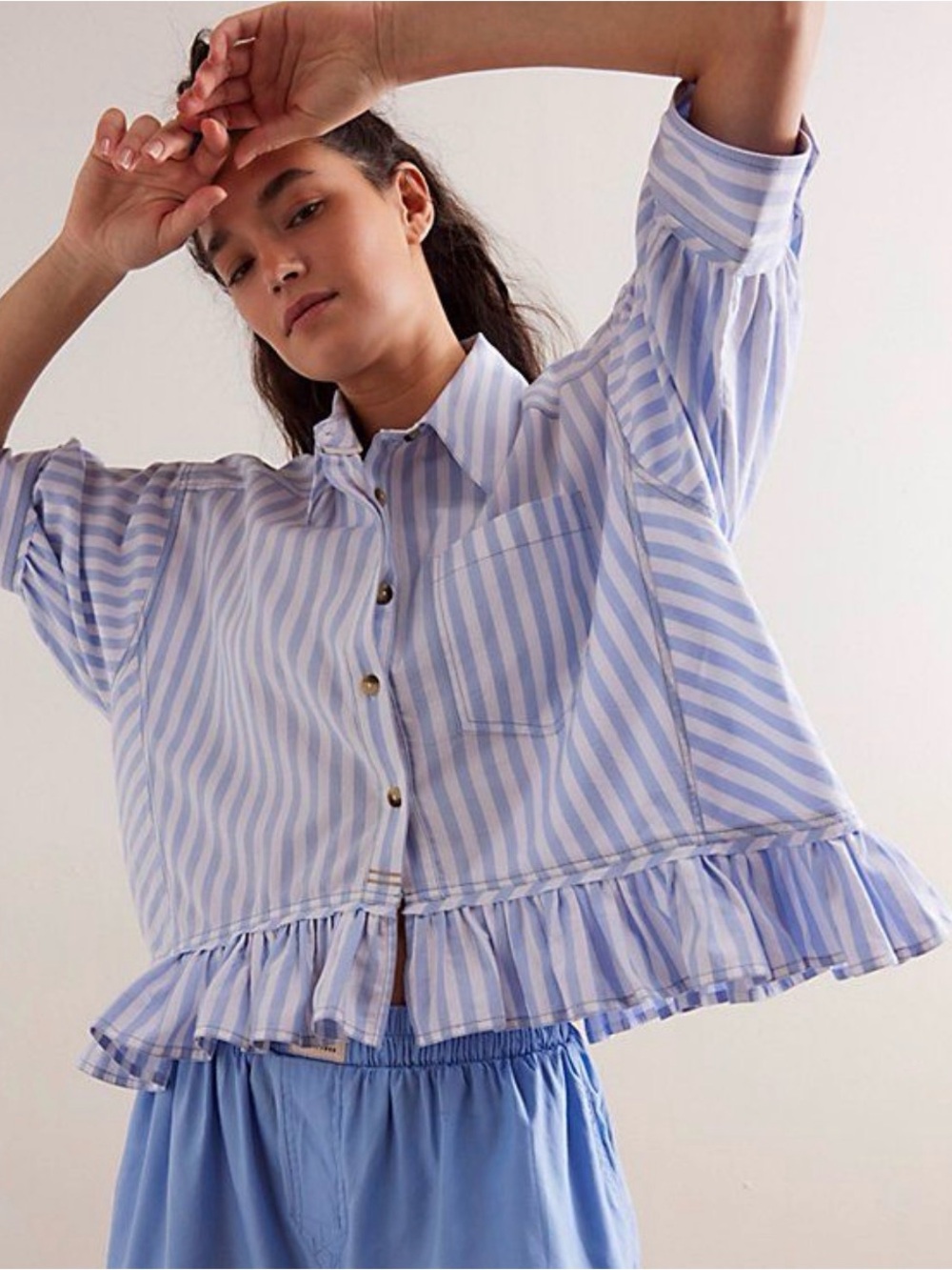 We The Free Bailey Stripe Button Up Boxy Top - Womens Large Blue White Stripe